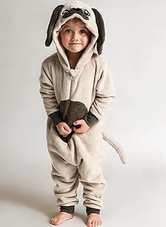 Onesie Pyjamas for Boys or Girls Fluffy Pug Dog with Tail -Animal AllinOnes in Kids Ages 2-13 Years