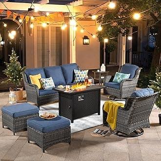 ovios 7 Pieces Patio Furniture Set with 42 inch Fire Pit Table, Outdoor Wicker Sofa Couch Swivel Rocking Glider Chairs, Modern Luxury Conversation Set, Grey Rattan, Denim Blue