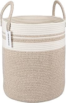 Cotton Rope Laundry Basket Hamper for Clothes Woven Storage Basket for Living Room Bedroom Boho Tall Rope Baskets for Blanket Toys Pillow Towels Baby Nursery Hamper Bin Large brown and white