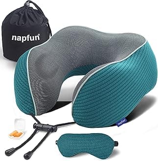 napfun Neck Pillow for Travel with Travel Pouch, Sleep Mask & Earplugs, Memory Foam Airplane Pillow for Headrest Sleep with Eyeshades, Plane Essentials with Eye Blindfold, Teal Striped Kit