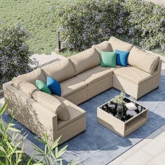 Patio Furniture Set 7-Piece, All-Weather Outdoor Conversation Set Sectional Sofa with Water Resistant Grey Thick Cushions and Coffee Table（Khaki）