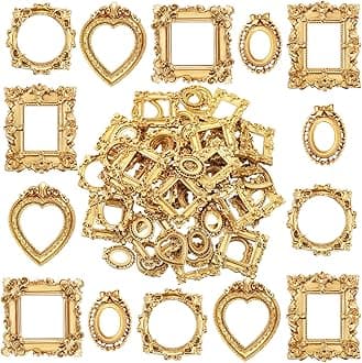 Vicenpal 120 Pcs Vintage Mini Picture Frames Baroque Antique Small Resin Jewelry Display Table Frame for Christmas DIY Photo Holiday Party Decoration (Gold)