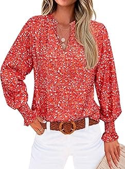 MASCOMODAWomens V Neck Floral Long Sleeve Tops 2025 Summer Casual Loose Puff Sleeve Chiffon Boho Work Blouse Dressy T Shirts