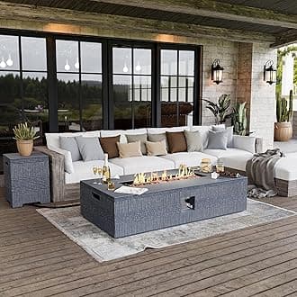 UPHA 56-inch Outdoor Propane Gas Fire Pit Table 50000 BTU Concrete Round FirePit for Outside Patio with Propane Tank Cover, Lava Rocks, Rain Cover, Grey Texture