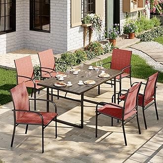 7-Piece Outdoor Dining Set 6 Red Textilene Chairs and Steel Tabletop with Wood Grain Rectangle Table for Deck Garden Backyard Lawn Poolside