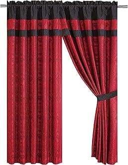 Dynasty 4-Piece Jacquard Floral Window Curtain Set Sheer Backing Tassels Valance, Black/Red