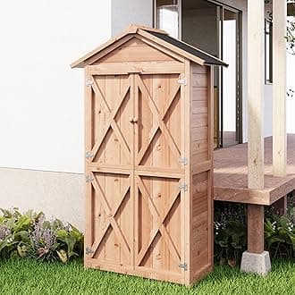 66" Outdoor Storage Shed with Double Doors, Large Wooden Capacity Storage Tool Cabinet Box with Waterproof Roof, Garden Wood Tool Shed for Yard Deck Lawn Farmland (Cherry)