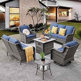 ovios 6 Pieces Patio Furniture Set with 30 inch Fire Pit Table, Outdoor Wicker Sofa Couch Loveseat, Swivel Rocking Glider Chairs, Modern Conversation Set, Grey Rattan, Denim Blue