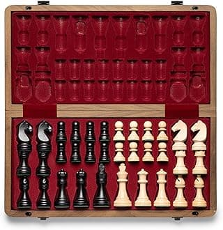 A&A Premium Folding Chess Board Game Set, 15" Wooden Chess Board & 3" King Height Staunton Chess Pieces with 2 Extra Queens, Portable Travel Chess Set (Natural Walnut, 15 Inches)