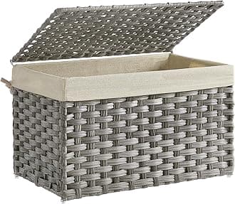 SONGMICS Storage Basket with Lid, Woven Blanket Storage Bin with Handles, Foldable, Removable Liner, Metal Frame, for Bedroom, Laundry Room, 17.2 Gallons (65 L), Gray URST56WG