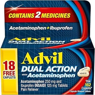 Advil Dual Action Coated Caplets with Acetaminophen, Ibuprofen 125 Mg and Acetaminophen 250Mg, 144 Count, 18 Bonus Caplets