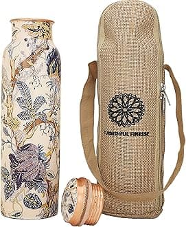 FURNISHFUL FINESSE Copper Water Bottle 34 oz Pure Hammered Ayurvedic Pure Copper Vessel For Drinking Leak Proof Bottle With Carry Bag for Sport Fitness Yoga Sports Copper Bottles 1000 ML