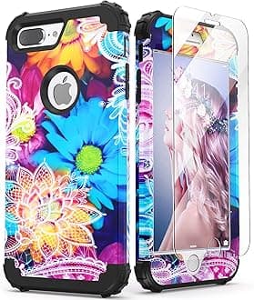 IDweel for iPhone 8 Plus Case with Tempered Glass Screen Protector, for iPhone 7 Plus Case, 3 in 1 Shockproof Slim Hybrid Heavy Duty Hard PC Cover Soft Silicone Bumper Full Body Case, Flower