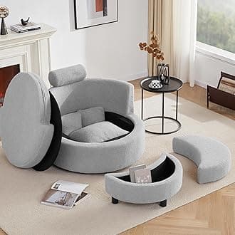 Swivel Accent Chair with Half Moon Storage Ottoman,Round Oversized Swivel Barrel Chair with Base Storage for Living Room, 360°Modern with 3 Pillows for Home,Teddy Fabric,Light Grey