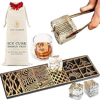 Clear Ice Cube Maker Design Tray - Craft Modern Ice Molds for Bourbon & Cocktails in 5 Seconds - Whiskey Mold Cube Stamp – Bartender Accessories - Copper Ice Press Cocktails by Ash Harbor (Elements)