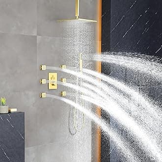Luxury Thermostatic Rain Shower System with 6 Body Shower Jets & 12” Shower Head, Brushed Gold Ceiling Mount Shower Faucet Set Complete with Push Button Thermostatic Valve & Shower Handheld