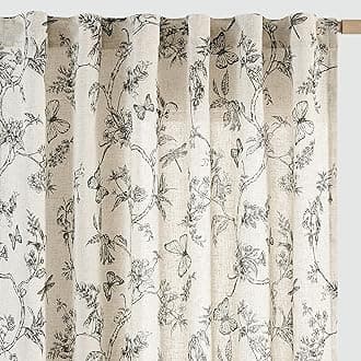 jinchan Floral Linen Curtains for Living Room 63 Inch Length Printed Toile Curtain Black Light Filtering French Country Farmhouse Curtain Flower Patterned Drapes Bedroom Back Tab Rod Pocket 2 Panels