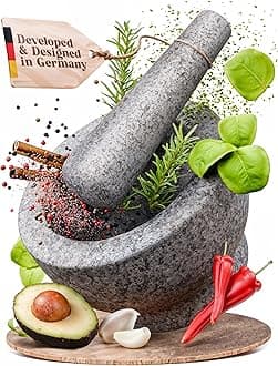 ChefSofi Mortar and Pestle Set - 6 Inch - 2 Cup Capacity - Unpolished Heavy Granite for Enhanced Performance and Organic Appearance - Included: Anti-Scratch Protector