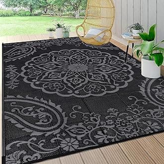 Pauwer Waterproof Outdoor Rug 8x10, Reversible Plastic Straw Patio Camping Rug, Indoor Outdoor RV Mat Carpet for Deck, Camper, Porch, Balcony, Backyard, Picnic, Boho Black GreyGlobal Recycled StandardGlobal Recycled StandardGlobal Recycled Standard