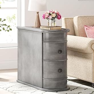 Wood End Table with 2 Drawers, No Assembly Required Narrow Sofa Side Table for Living Room, Vintage Slim Nightstand Bedside Table for Bedroom (2 Drawers, Grey, 1Pc)