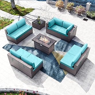 Kullavik 10 Pieces Outdoor Patio Furniture Set with 43" Gas Propane Fire Pit Table PE Wicker Rattan Sectional Sofa Patio Conversation Sets,Blue