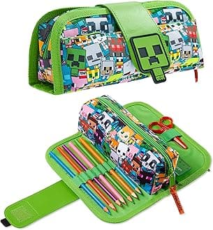 Minecraft Pencil Case for Boys and Girls, Kids Gamer School Supplies Multi Compartments with Detachable Zippered Pen Pouch 2 in 1