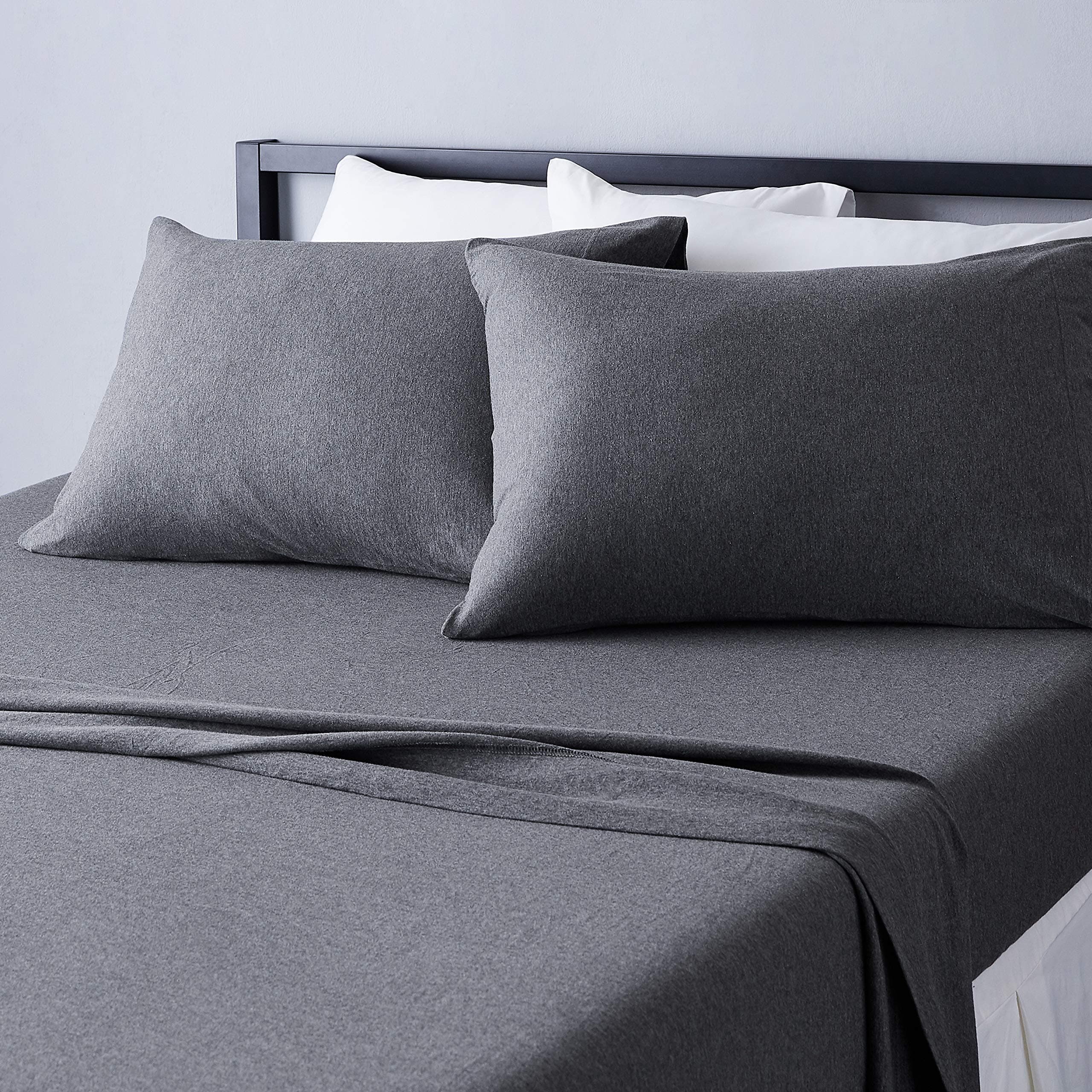 4 Piece Breathable 100% Cotton Jersey Bed Sheets Set, Machine Washable, Stretchy Flat and Fitted Sheets, Pillowcase, King, Dark Gray, Solid