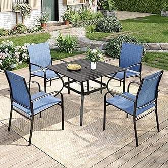 5 Pieces Patio Table and Chairs Set, 4 Person Outdoor Dining Furniture Set, 4 Blue Textilene Chairs and 37" Square Metal Table with Umbrella Hole, for Deck Backyard Lawn