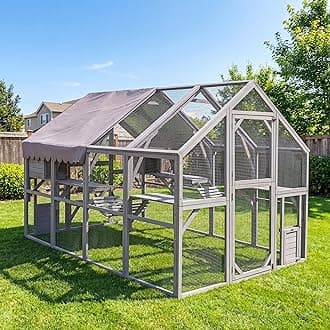 WMK Large Outdoor Cat Enclosure, 56.5 ft² Walk-in Catio with Weatherproof Roof, Wooden Cat Cage Playpen with Platforms & Bridges, Safe Outside Pet House for Cats, Kittens, Rabbits