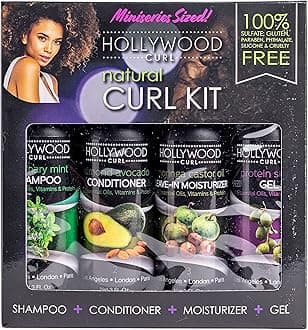 Hollywood Curl 4 Pack Natural Curl Styling Kit - Women and Men – Wavy and Frizzy Hair Control - w/Essential Oils, Vitamins, and Protein – Includes Shampoo, Conditioner, Curling Cream, and Styling Gel