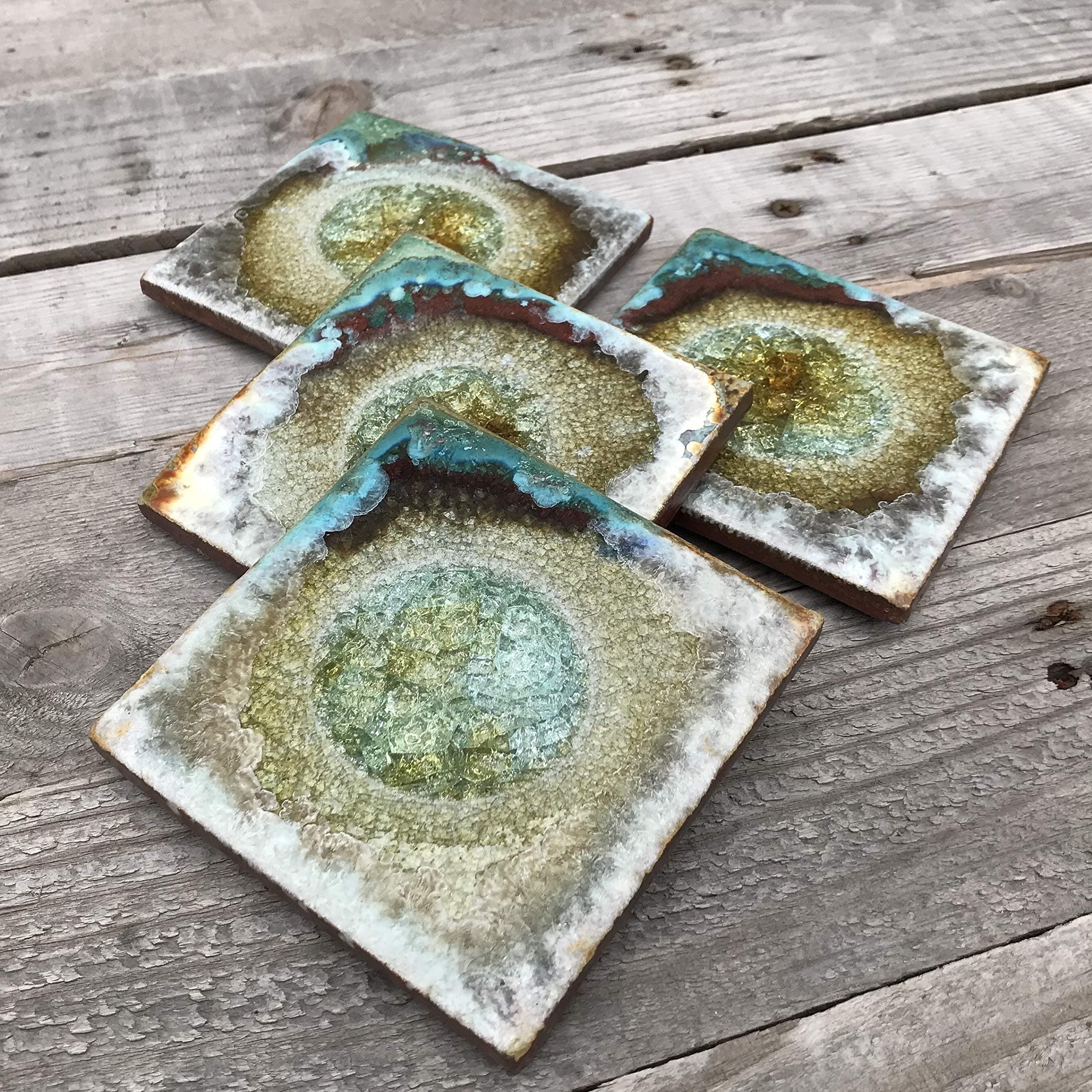 Geode Crackle Coaster in Green and Copper, Geode Coaster, Agate Coaster, Fused Glass Coaster, Crackle Glass Coaster, Dock 6 Pottery Coaster, Dock 6 Pottery, Kerry Brooks Pottery (4 Coasters)