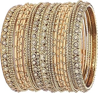 NMII Metal with Golden Zircon Gemstone & Silk Thread Studded worked Ball Chain Linked Stylish Bangle Set For Women and Girls, 2.4, Metal, Zircon Gemstone