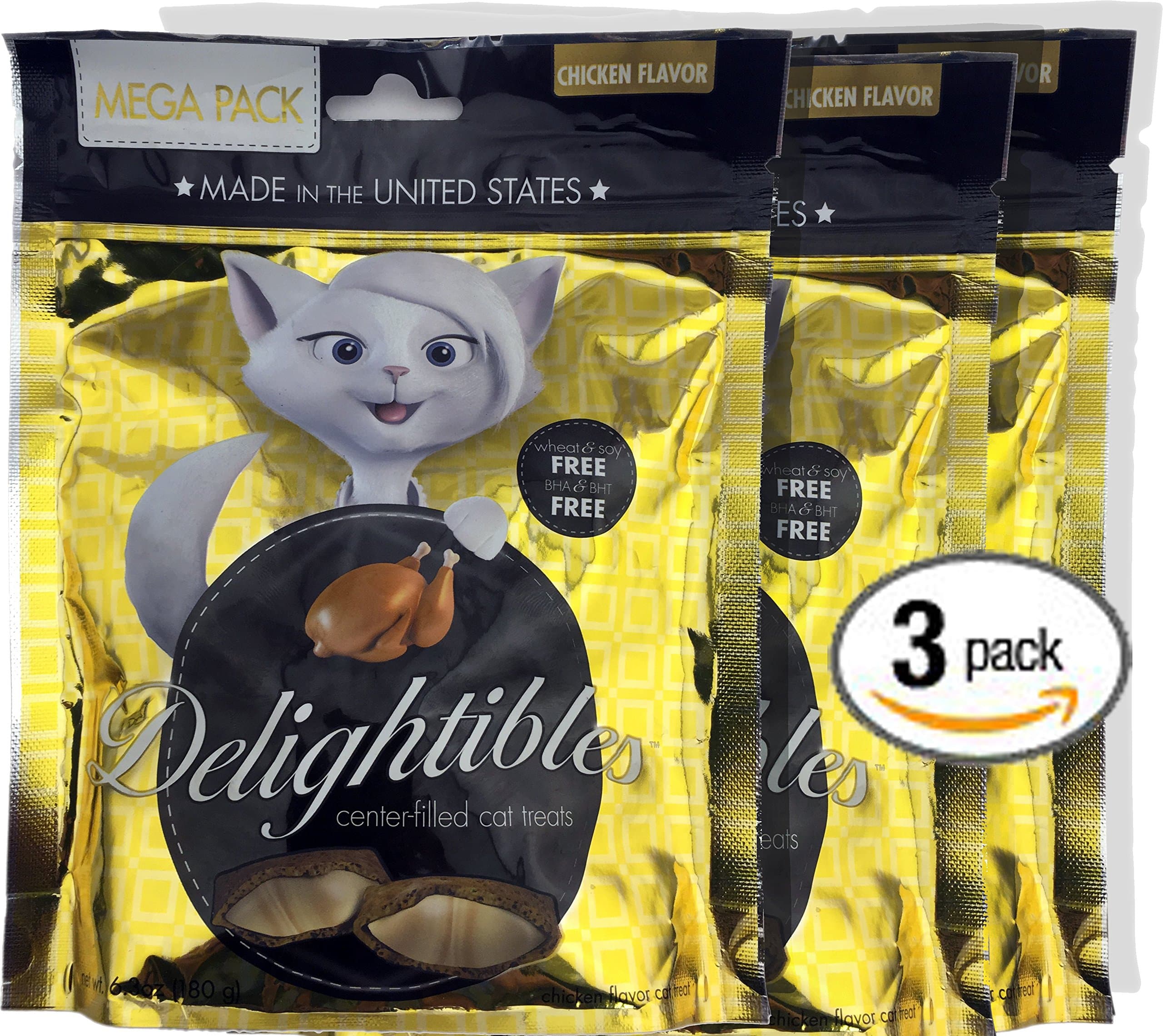 Bundle Pack of Three (3) Delightibles Mega 6.3 oz Chicken Flavored Center-Filled Cat Treats