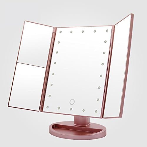 Kyansin Lighted Makeup Mirror, Tri-Fold Illuminated Vanity Mirror, 22 Pcs Led Lights 1X/2X/3X Magnifying Touch Screen Lighted Makeup Table Mirror with 180 Degree Free Rotation Countertop (Rose Gold)
