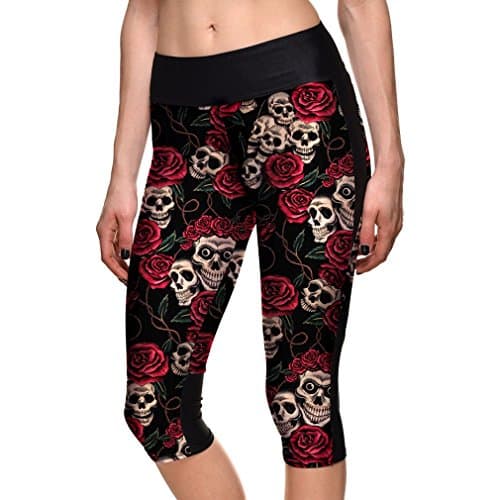 sissycos Women's Retro Printed Sugar Skull Pattern Ankle Length Elastic Tights Leggings (X-Large, Capri-Red Rose)