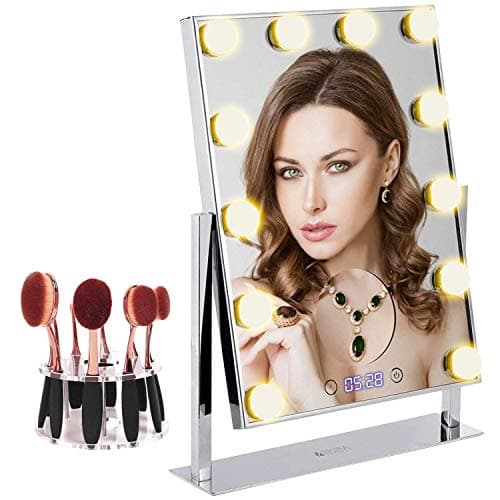 Makeup Mirror Electroplating Process | Large 12 Big Led Bulbs Hollywood Style Vanity Mirror with 5x Magnifier and Clock | Tabletops 10 Hole Oval Makeup Brush Holder Touch Screen Adjustable Brightness