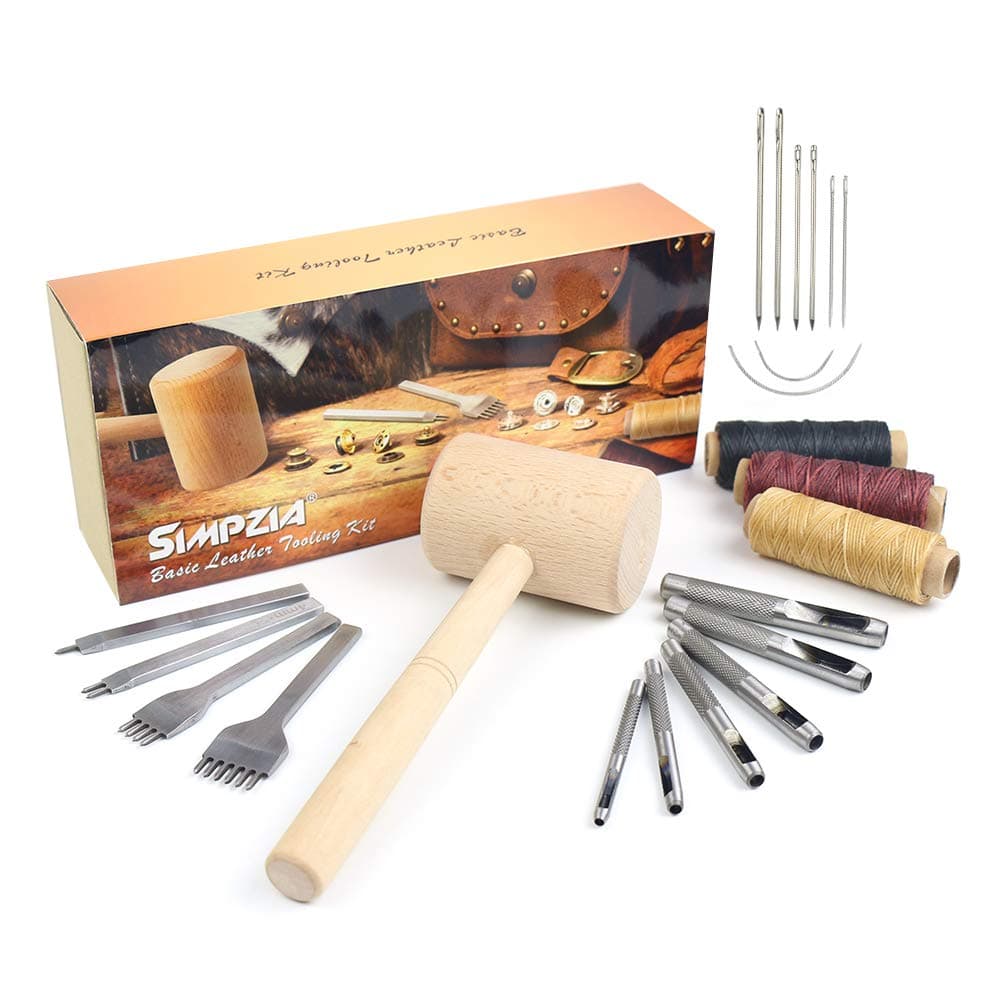 Leather Kit 22 PCS SIMPZIA Leather Hand Stitching Tools Kit with 4mm Prong Punch, Hollow Punch Set and Wooden Hammer for DIY Sewing