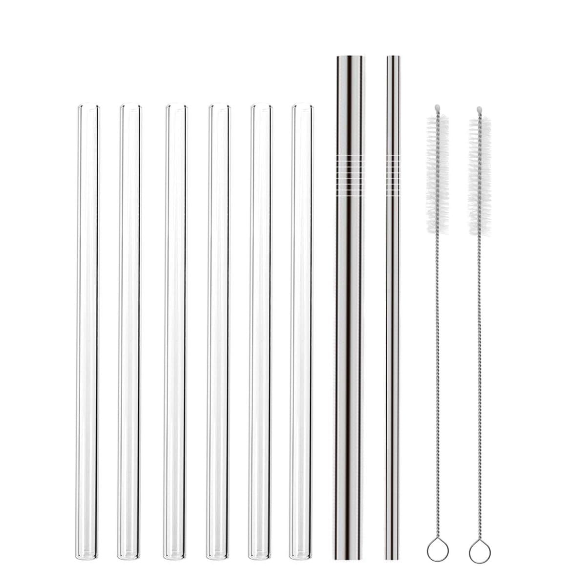 8 Pack Reusable Straws for Drinks - 6 Glass Straws, 2 Stainless Steel Straws, with 2 Cleaning Brushes - NUIBY Smoothie Drinking Straws