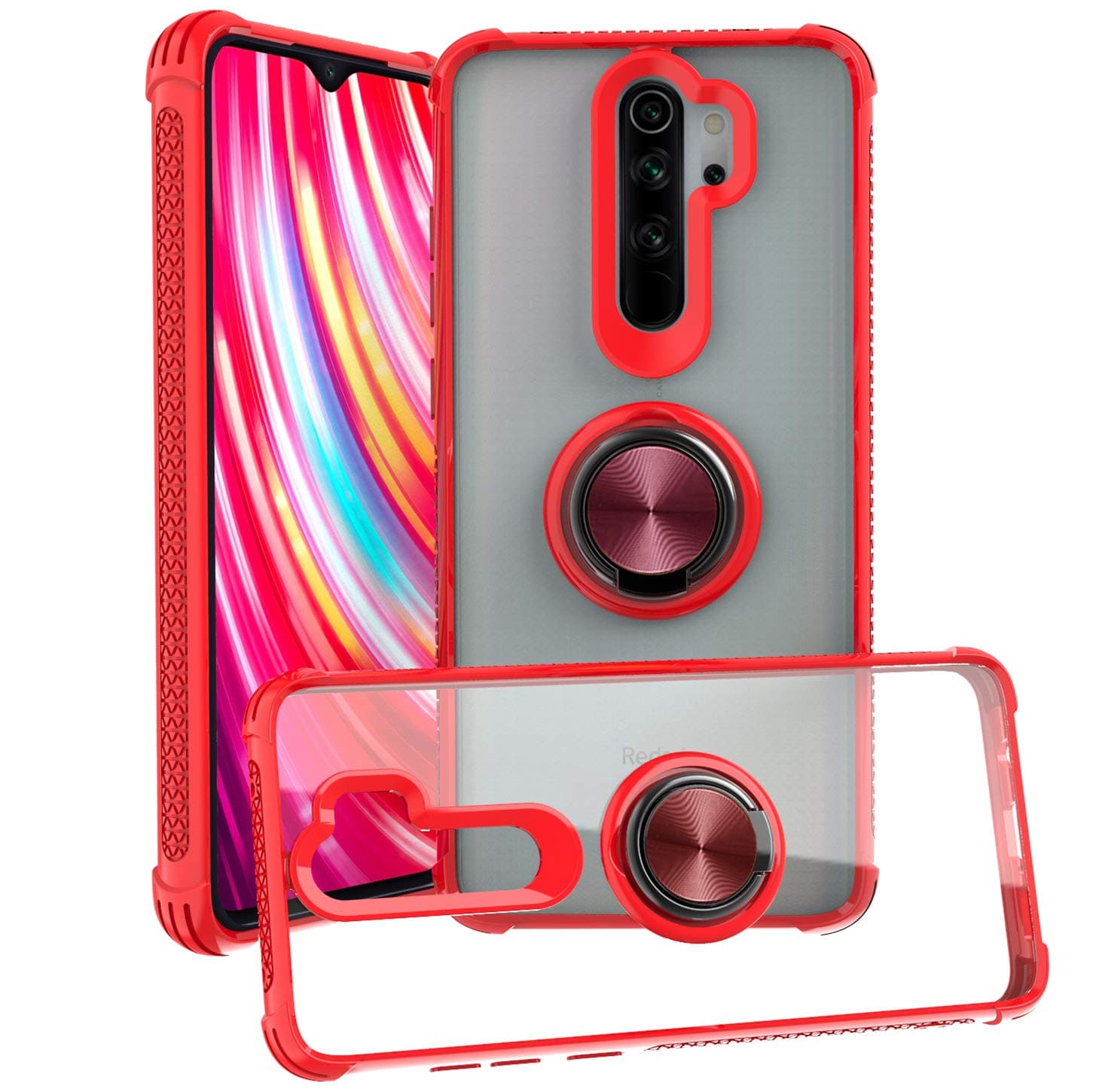 QSEEL for Xiaomi Redmi Note 8 Pro Clear Ring Armor Case, Shockproof Rugged Back Cover Combined with Tough TPU Rim, Crystal Back Panel and Built-in Ring Holder (Redmi Note 8 Pro, Red)