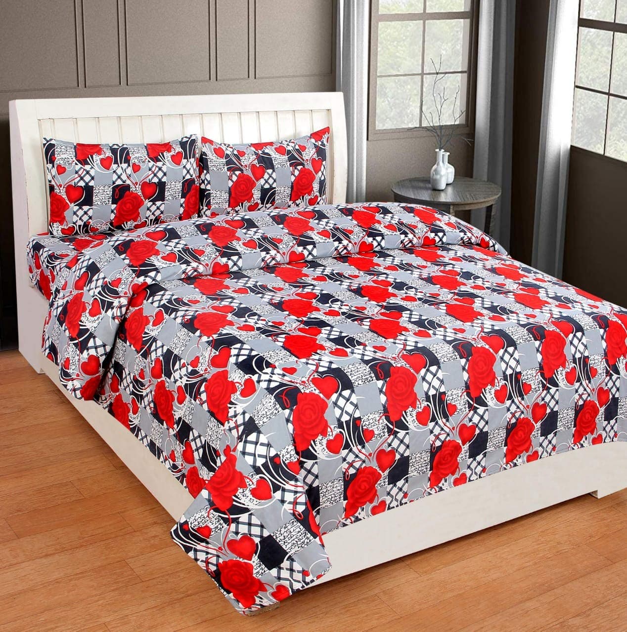 Ellonia® Multicolor 100% Microfiber Cotton 164 TC 3Pc Bedding Set of 1 Double King Bed-Sheet (90x90 Inches) with 2…