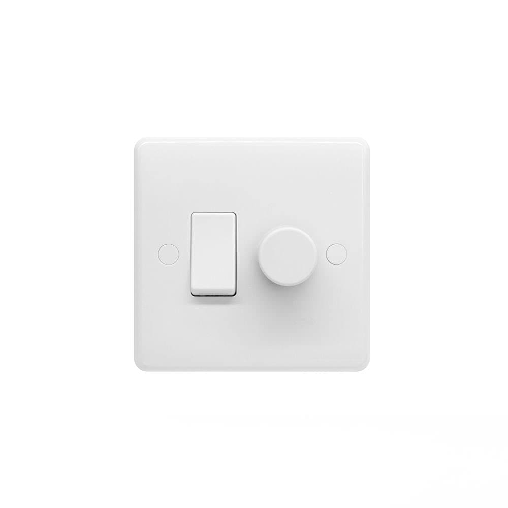 Lieber Silk White Dimmer and Rocker Wall Light Switch Combo (2 gang, 2 Way Switch & Trailing Dimmer) suitable for LED, Incandescent and Halogen Bulbs