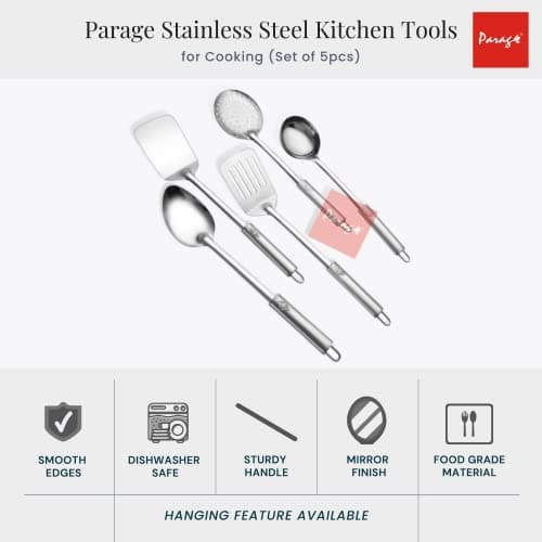 Parage 5 Pieces Stainless Steel Pipe Handle Kitchen Tool Set for Cooking, Set of 5, 35 cm, Silver (Contains: 1 Ladle, 1 Skimmer,1 Turner, 1 Spatula, 1 Slotted Turner)