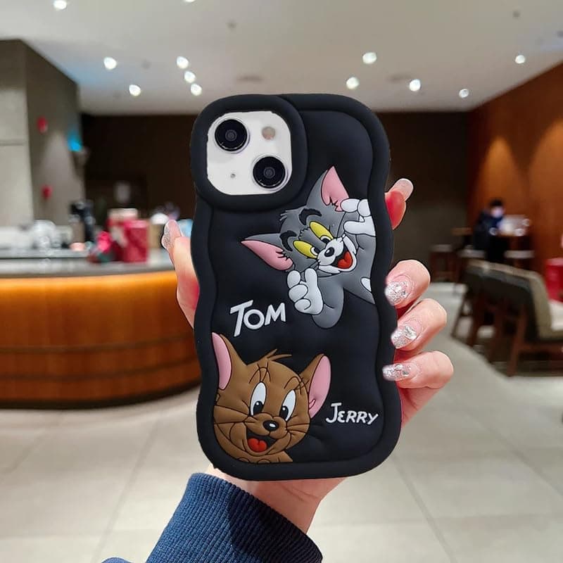 Case Creation for iPhone 8 Tom and Jerry Cartoon Case, 3D Curly Tom&Jerry Funny Wave Cute Full Protective Back Case Soft Silicone Stylish Fashion Fun Aesthetic Cover for Apple iPhone 8 (Black)