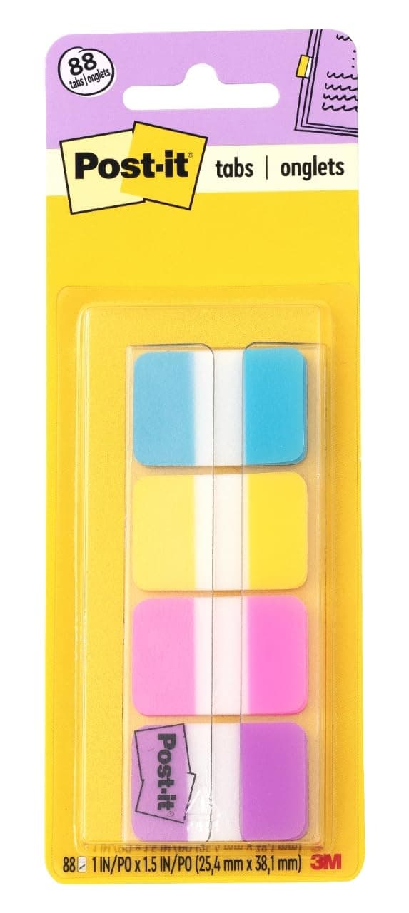 Post-it Sticky Tabs, 1 in. x 1.5 in., 4 Pads of Book Tabs in Assorted Bright Colors for Bookmarking, Annotating, Reading, and Reminders, Blue, Yellow, Pink, and Purple Colors (88 Total Count)