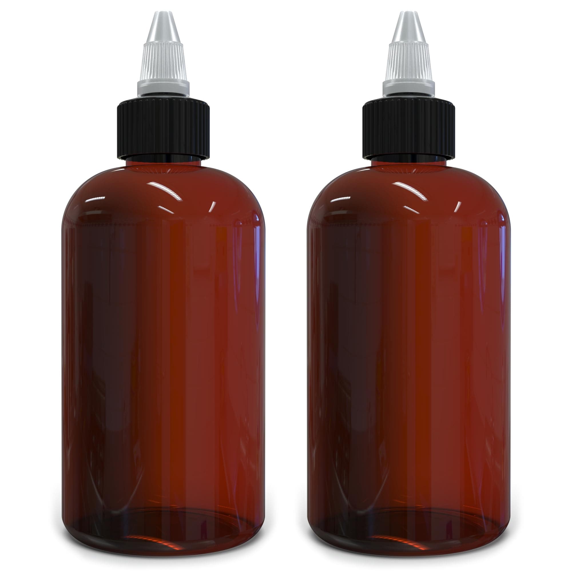 Twist Top Applicator Bottles, 8 OZ Amber, Squeeze Empty Round Plastic Bottles, BPA-Free, PET, Refillable, Open/Close Nozzle (Black) - Multi Purpose (Pack of 2)