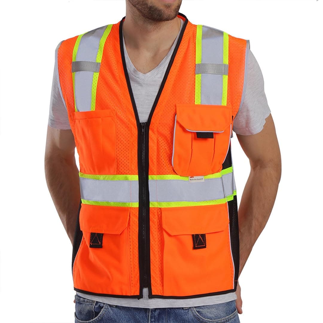 Dib Safety Reflective Vest Orange Mesh, High Visibility Vest with Pockets and Zipper, ANSI Class 2 Heavy Duty, Made with 3M Reflective Tape, L