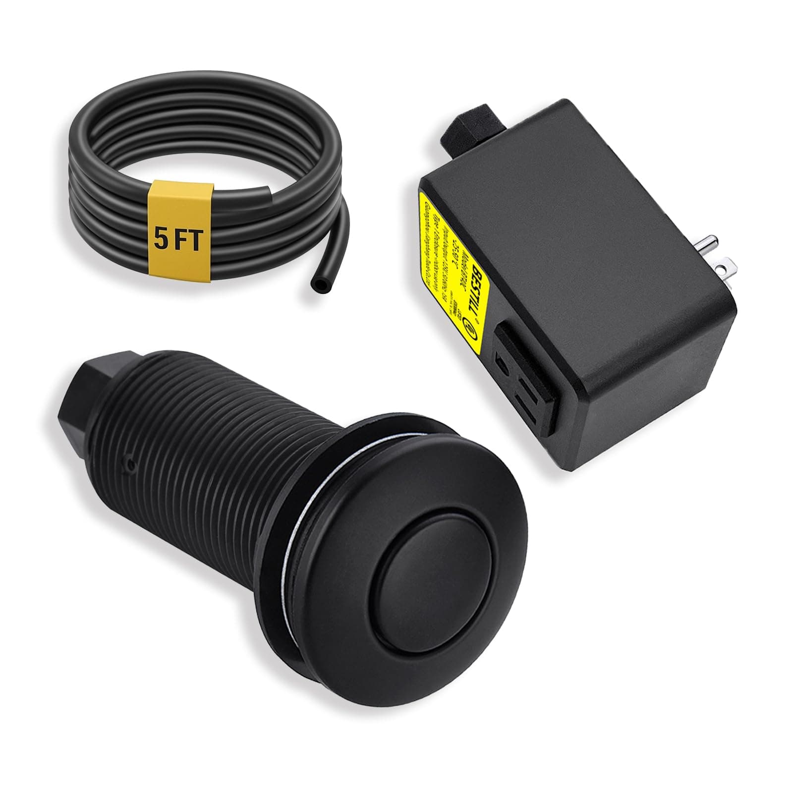 BESTILL Garbage Disposal Sink Top Air Switch Kit with Single Outlet, Matte Black 3.6" Long Push Button with Brass Cover, UL Listed, Compatible with all Garbage Disposals