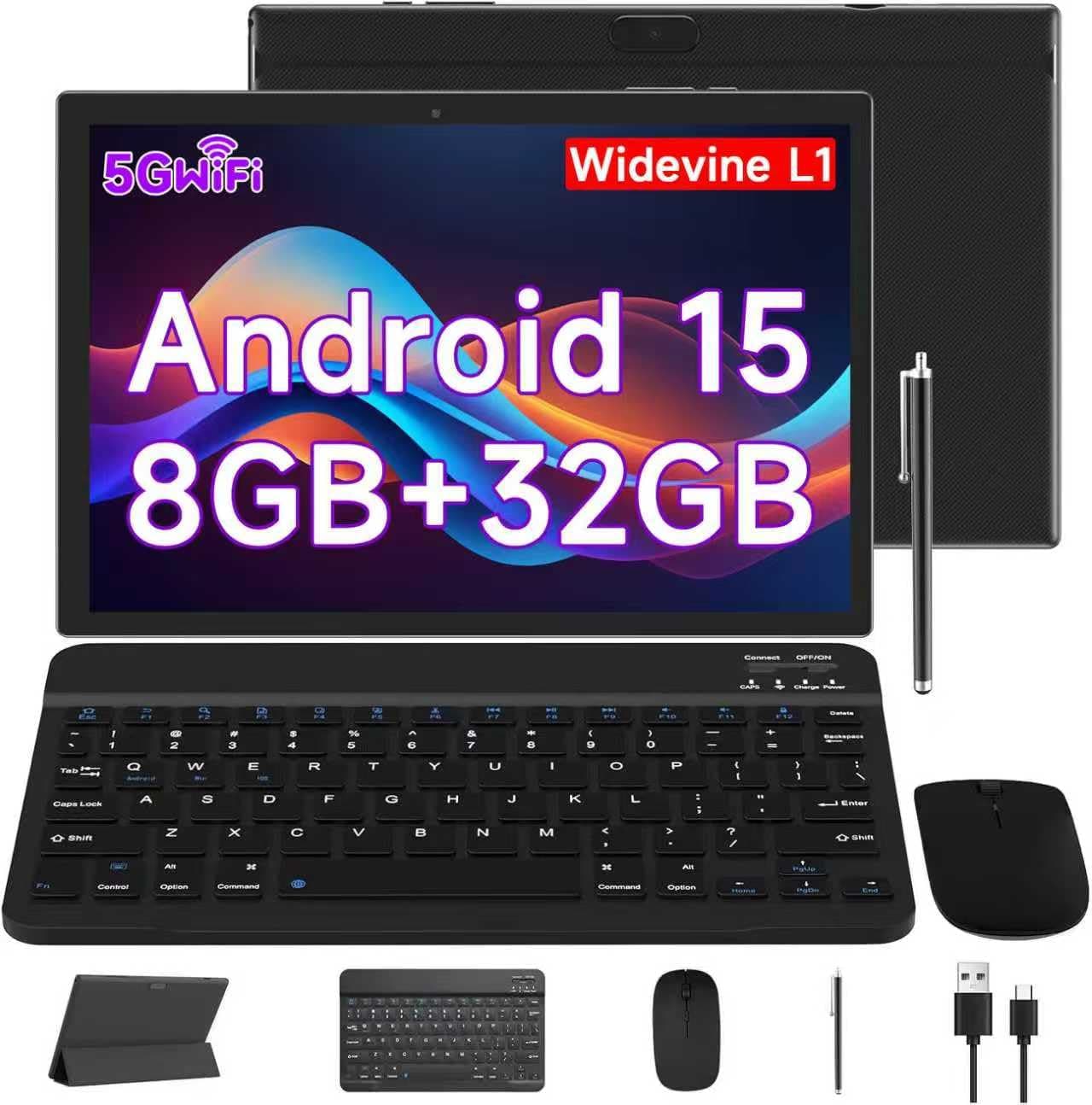 Android 15 Tablet 10 Inch, 2 in 1 Tablets with Keyboard/ Mouse/ Case/ Stylus, 8GB RAM+32GB ROM/1TB Expand Tableta, 1.8Ghz Quad-core Processor, 1280*800 HD Touch Screen, 8MP Camera, 5G WIFI 6 Tablet