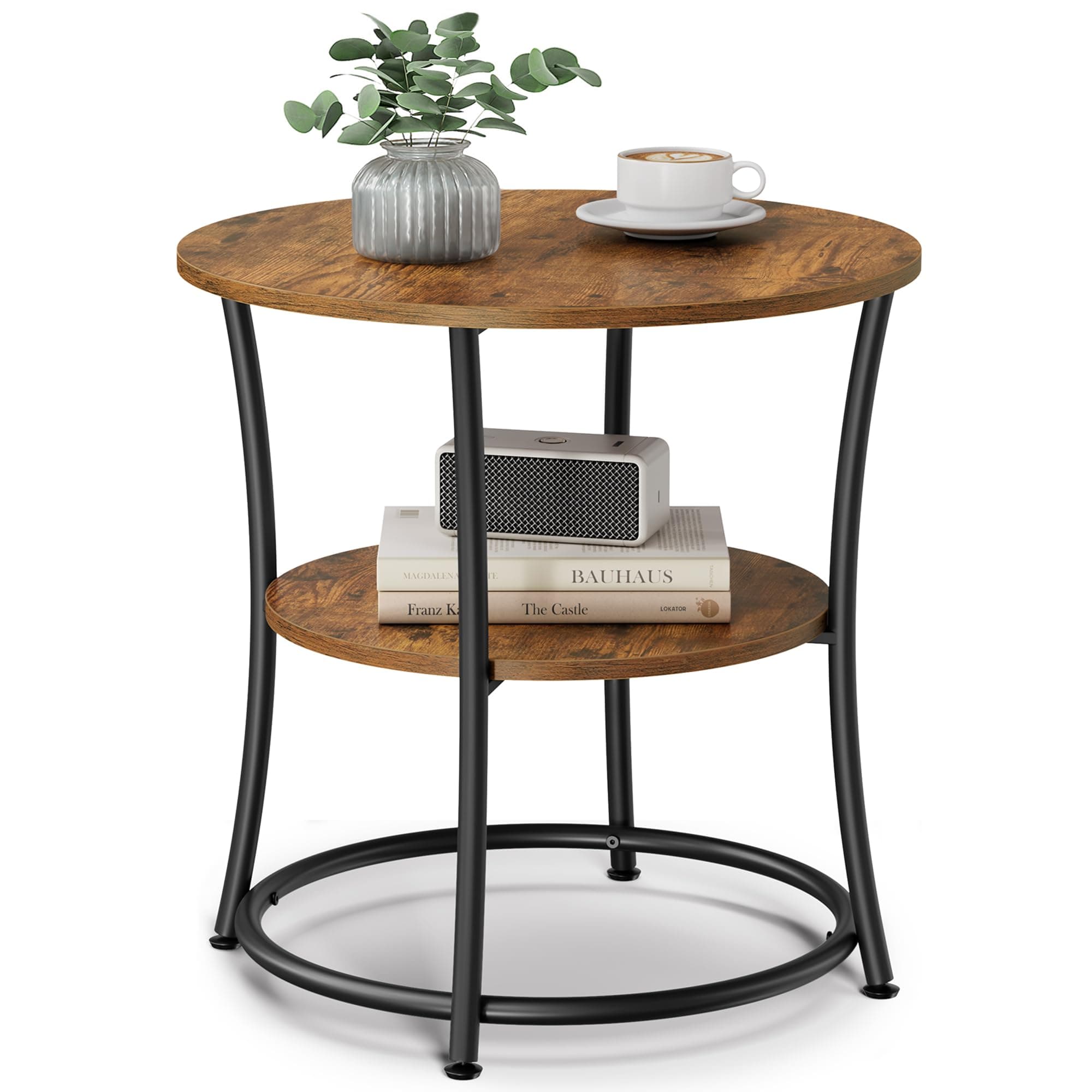 VASAGLE 21.7-Inch Round Side Table, 2-Tier End Table, Nightstand with Steel Frame, Spacious Top, for Small Spaces, Living Room, Bedroom, Rustic Brown and Ink Black ULET56BX