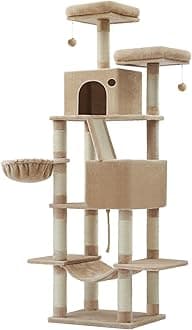 Feandrea Cat Tree, 206 cm Large Cat Tower Condo with 13 Scratching Posts, 1 Scratching Ramp, 2 Perches, 2 Caves, Basket, Hammock, Pompoms, Camel Brown PCT190K01V1